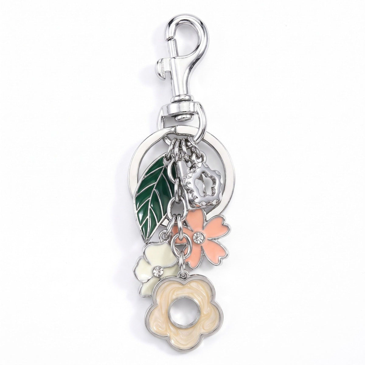 Floral Bag Charm Keychain with Leaf and Flower Pendants