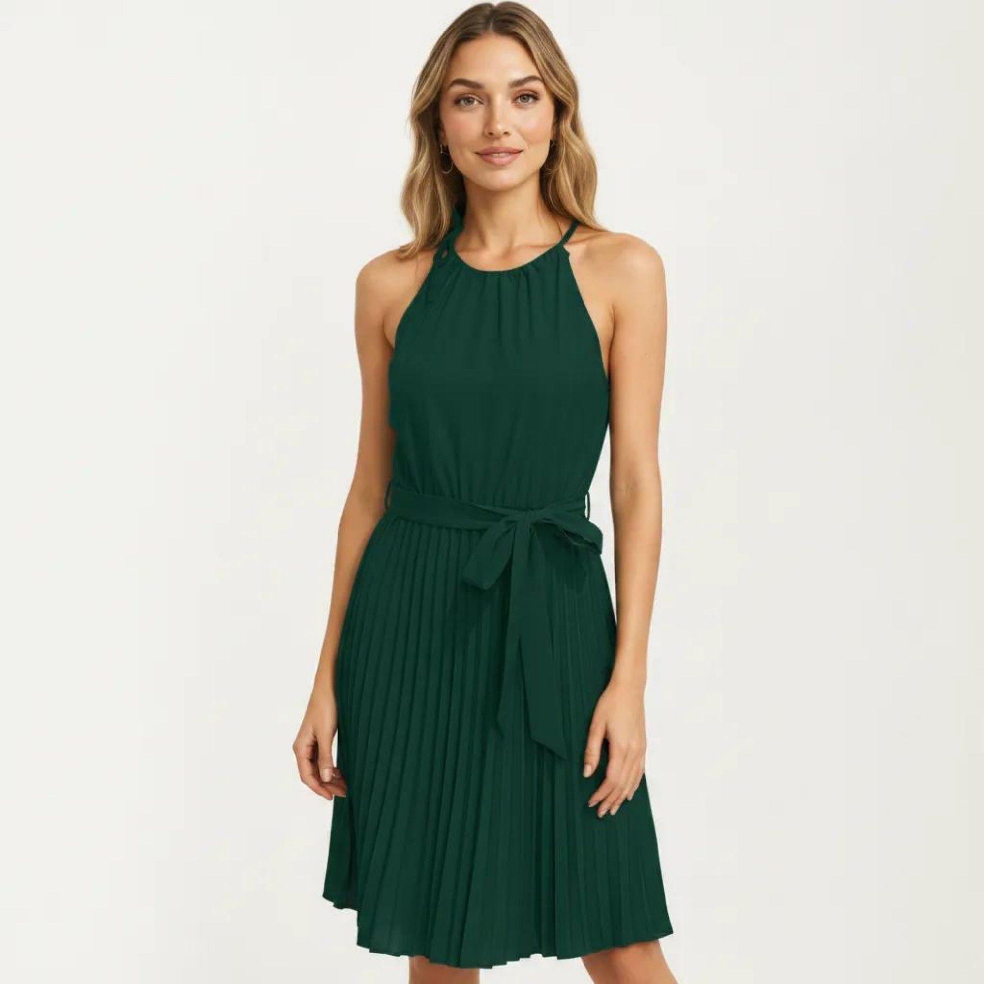 Anna-Kaci Women's Sleeveless Halter Midi Dress with Pleated Skirt and Waist Tie