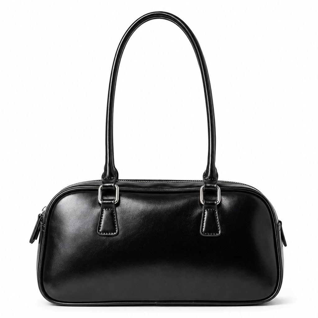 East West Faux Leather Bowler Shoulder Bag with Double Handles and Zip Closure
