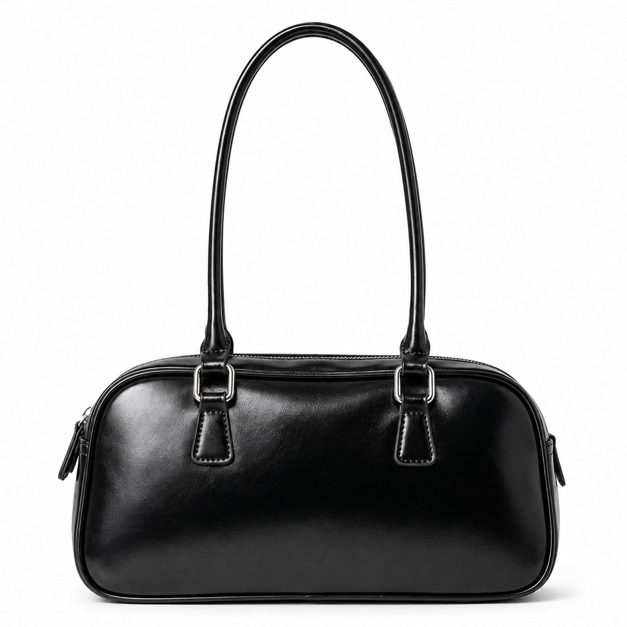 East West Faux Leather Bowler Shoulder Bag with Double Handles and Zip Closure