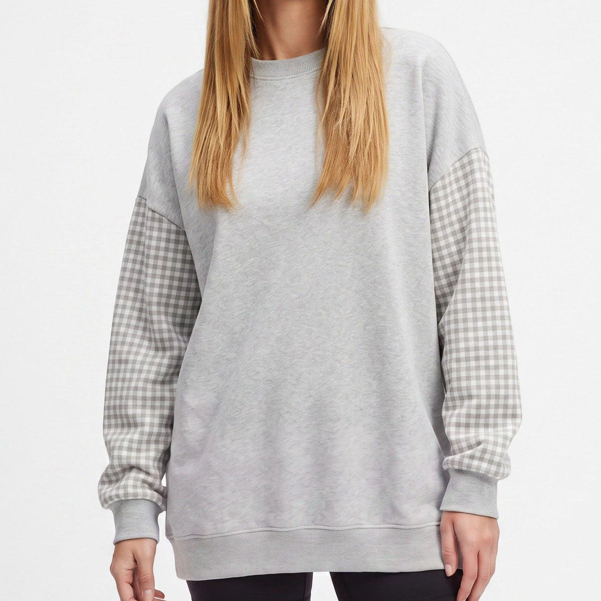 Plaid Sleeve Crew Neck Long Sleeve Pullover Sweatshirt