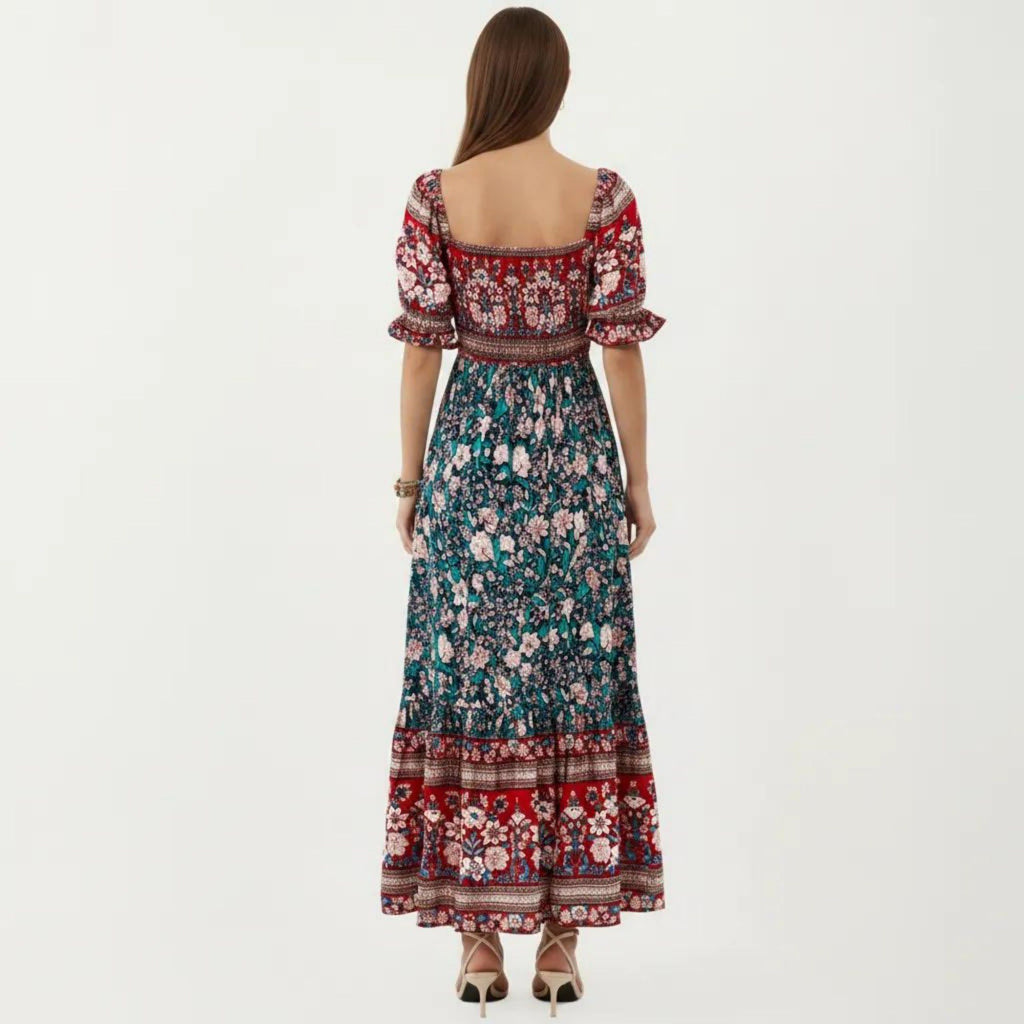 Anna-Kaci Women's Puff Sleeve Maxi Dress with Mixed Floral Print and Border Hem