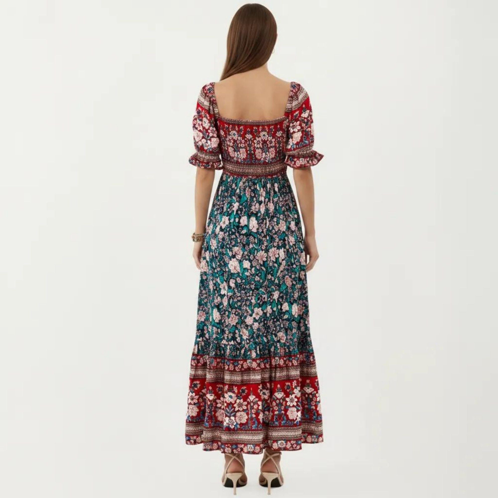 Anna-Kaci Women's Puff Sleeve Maxi Dress with Mixed Floral Print and Border Hem