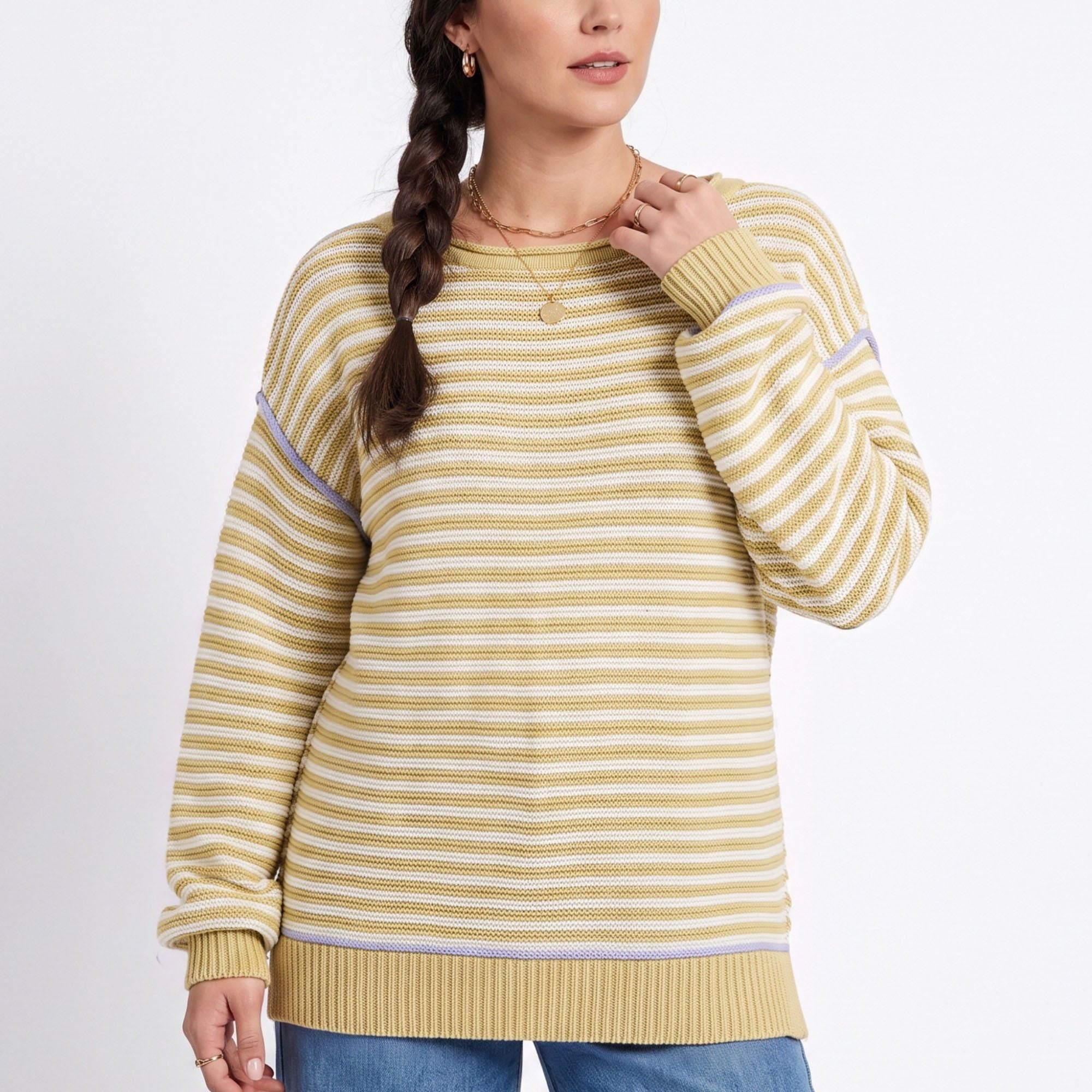 Striped Contrast Trim Drop Shoulder Long Sleeve Knit Sweater