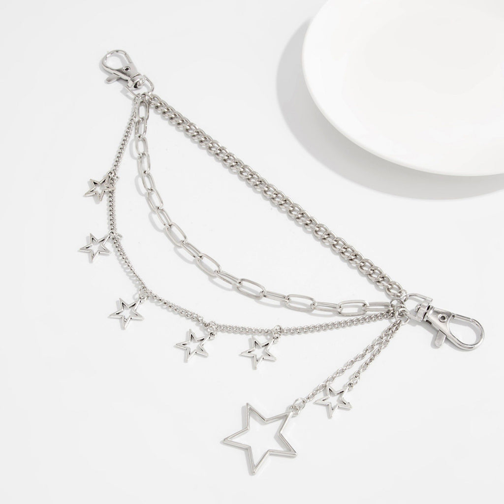 Star Chain Bag Charm with Layered Silver Tone Chains Clips and Hanging Star Pendants