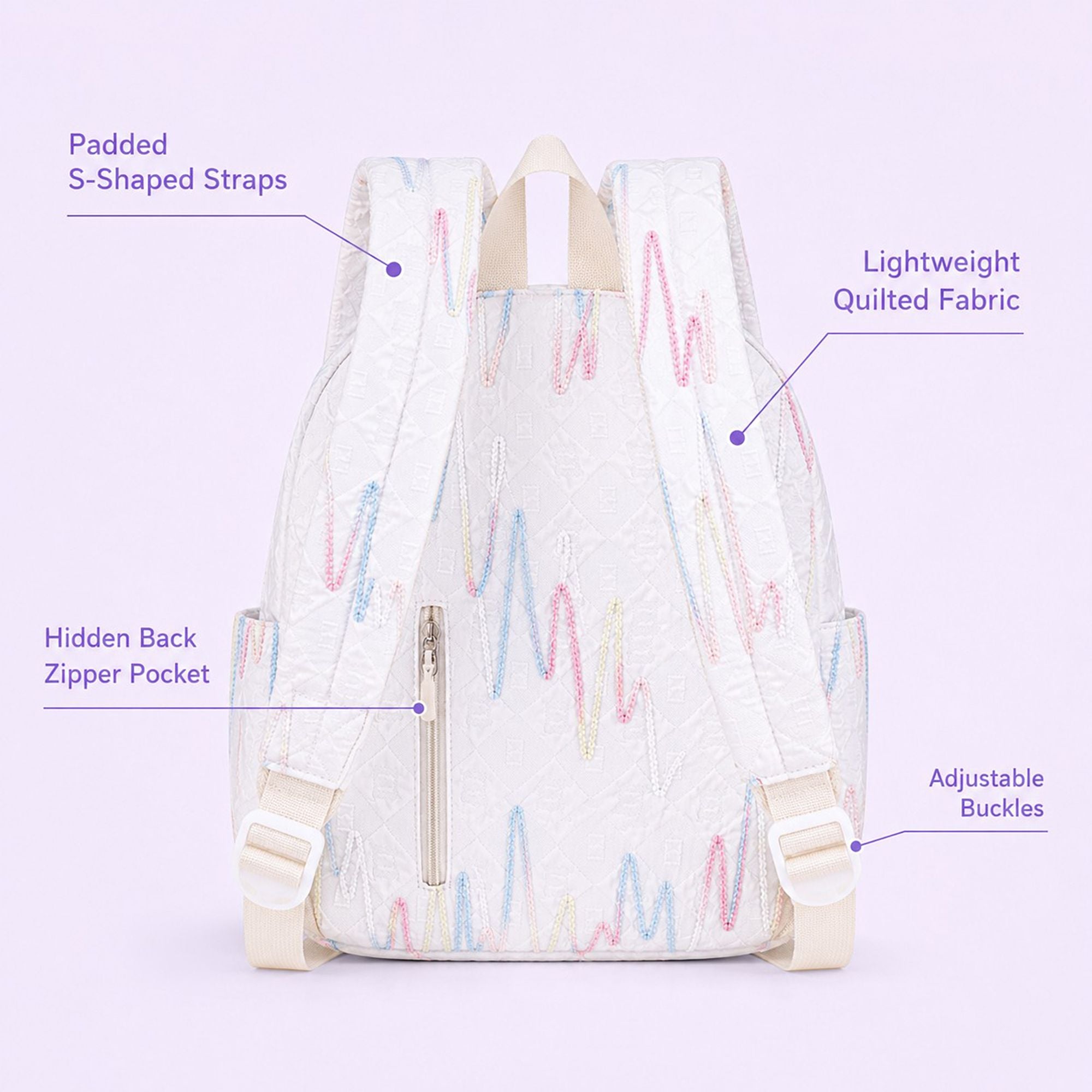 Quilted Backpack with Embroidered Pattern and Multiple Pockets