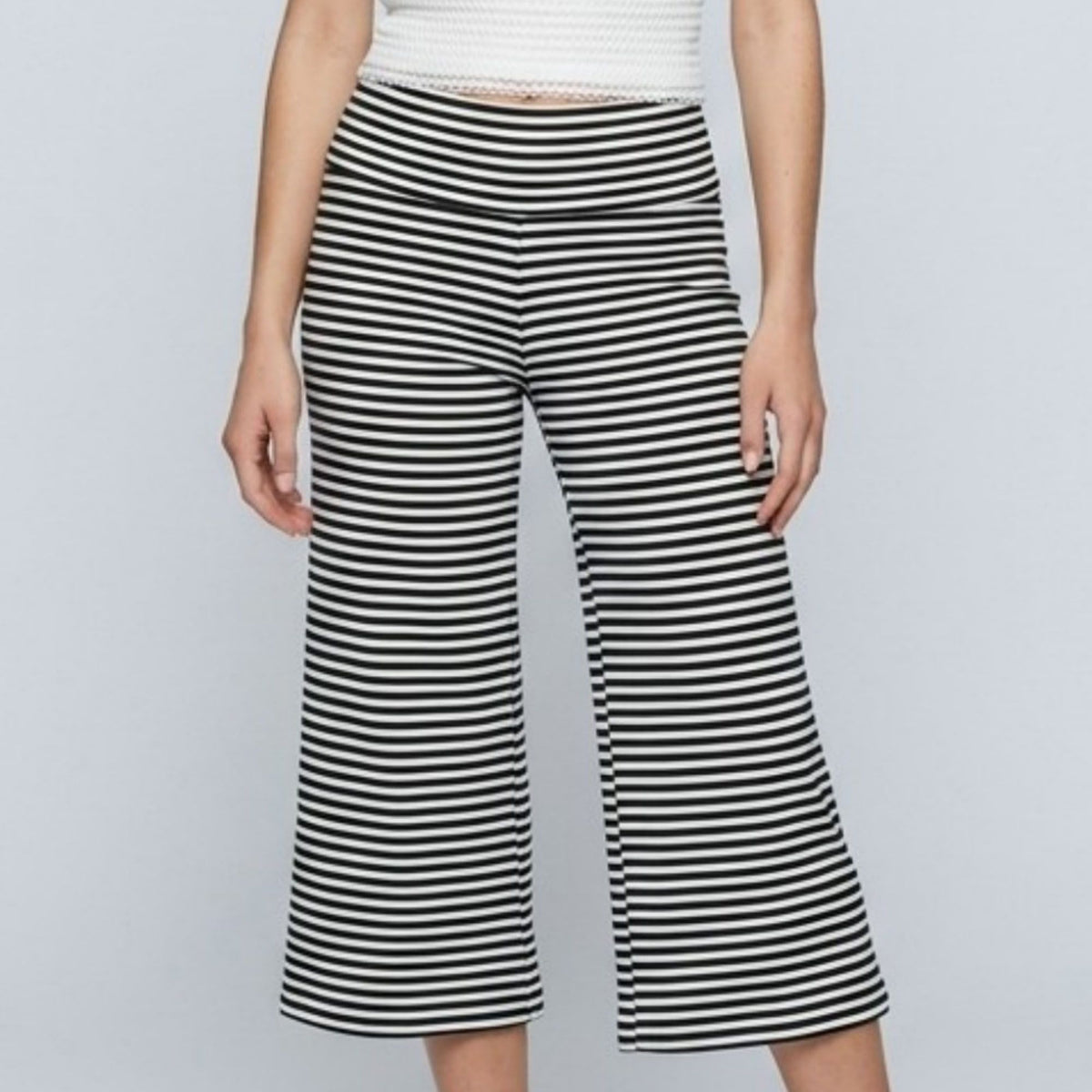 Foldover Waistband Striped Cropped Wide-Leg Trousers