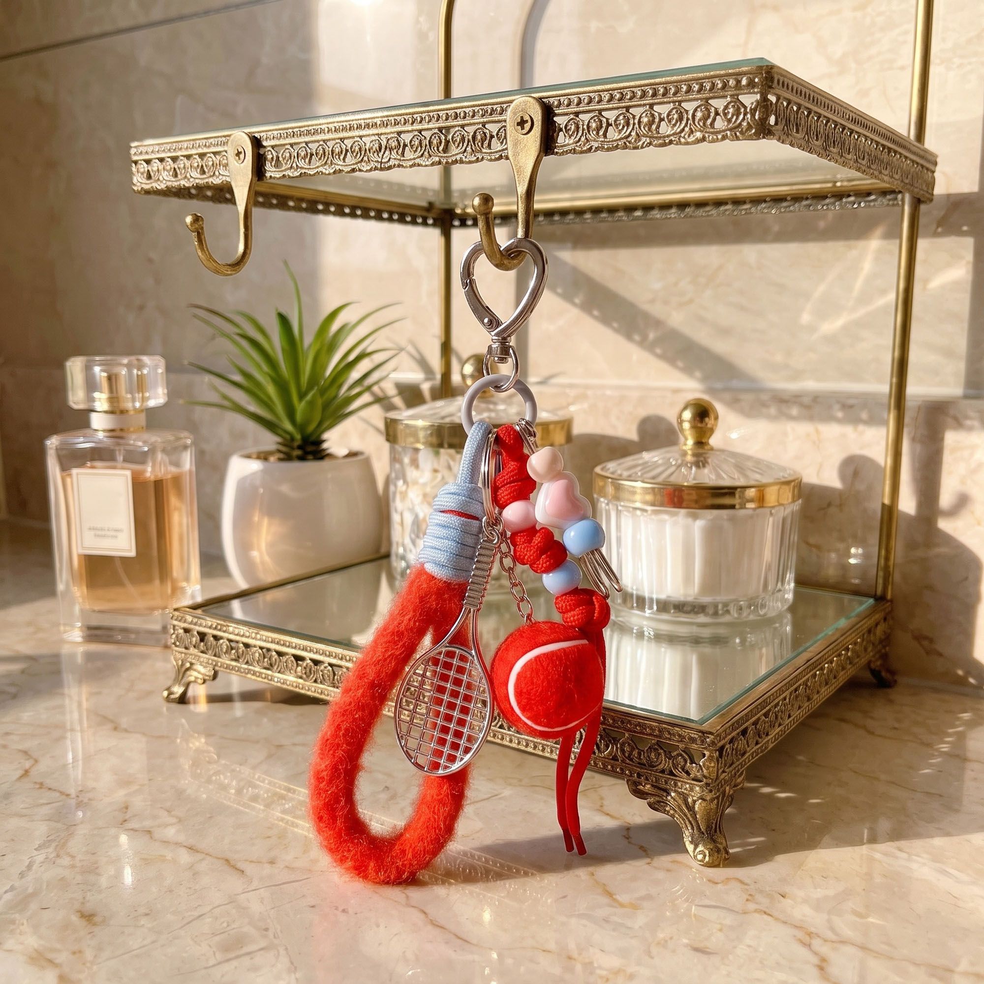 2-Piece Womens Sports Themed Bag Charm with Hanging Clip and Tennis Accessory