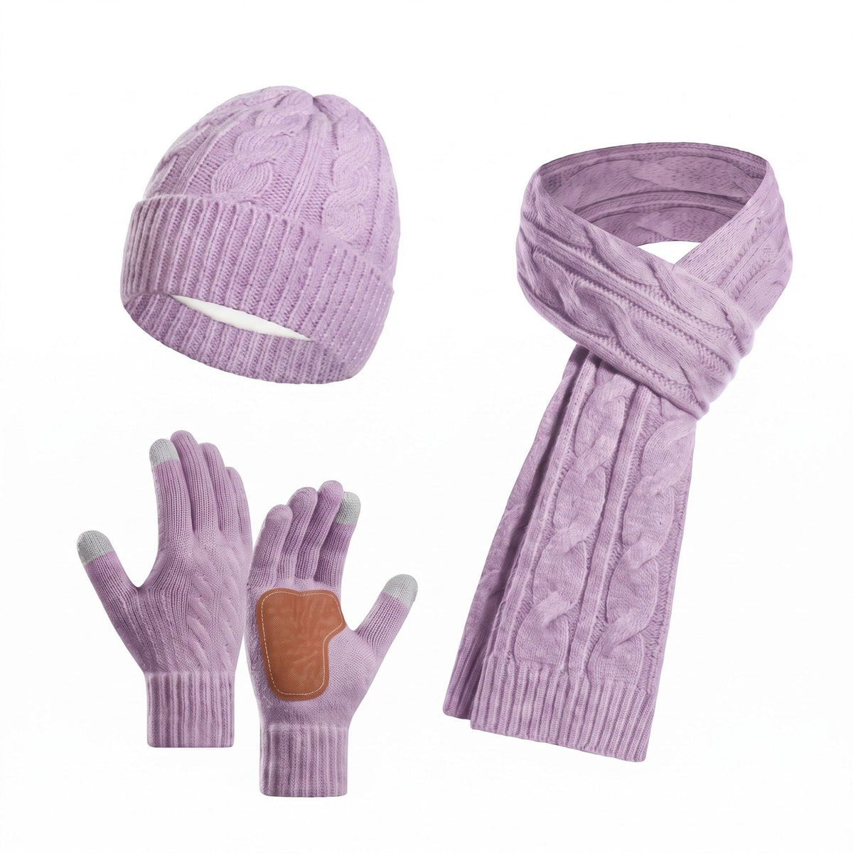 3 Piece Cable Knit Beanie Scarf and Touchscreen Gloves Set
