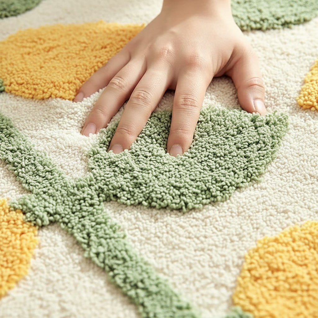 Tufted Floor Mat with Floral Daisy Pattern Non Slip Backing Soft Plush Decorative Scalloped Edge Rug