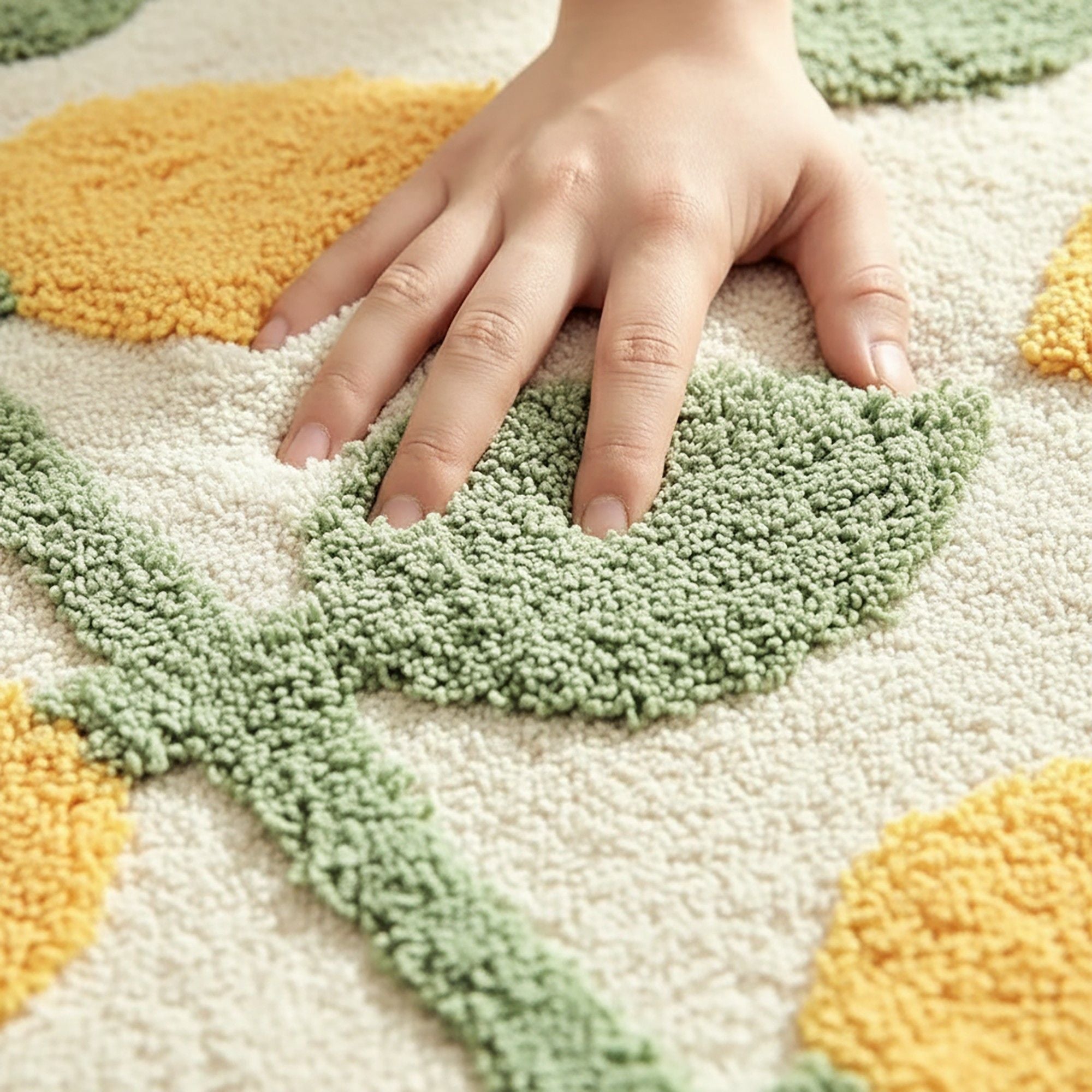 Tufted Floor Mat with Floral Daisy Pattern Non Slip Backing Soft Plush Decorative Scalloped Edge Rug