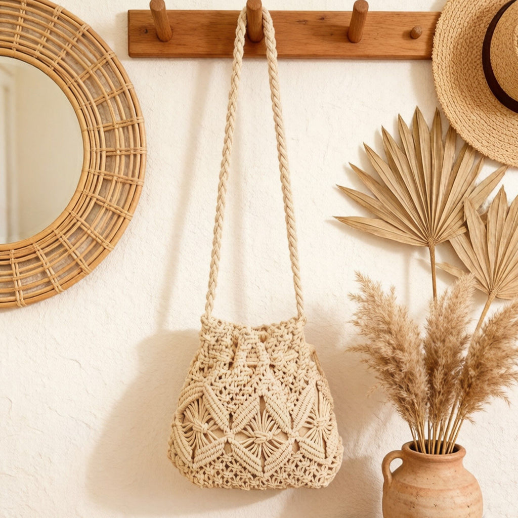 Macrame Bucket Bag Knotted Rope Handbag Drawstring Shoulder Bag Textured Woven Crossbody Style Lightweight Boho Purse