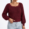 Square Neck Textured Stripe Balloon Sleeve Knit Sweater