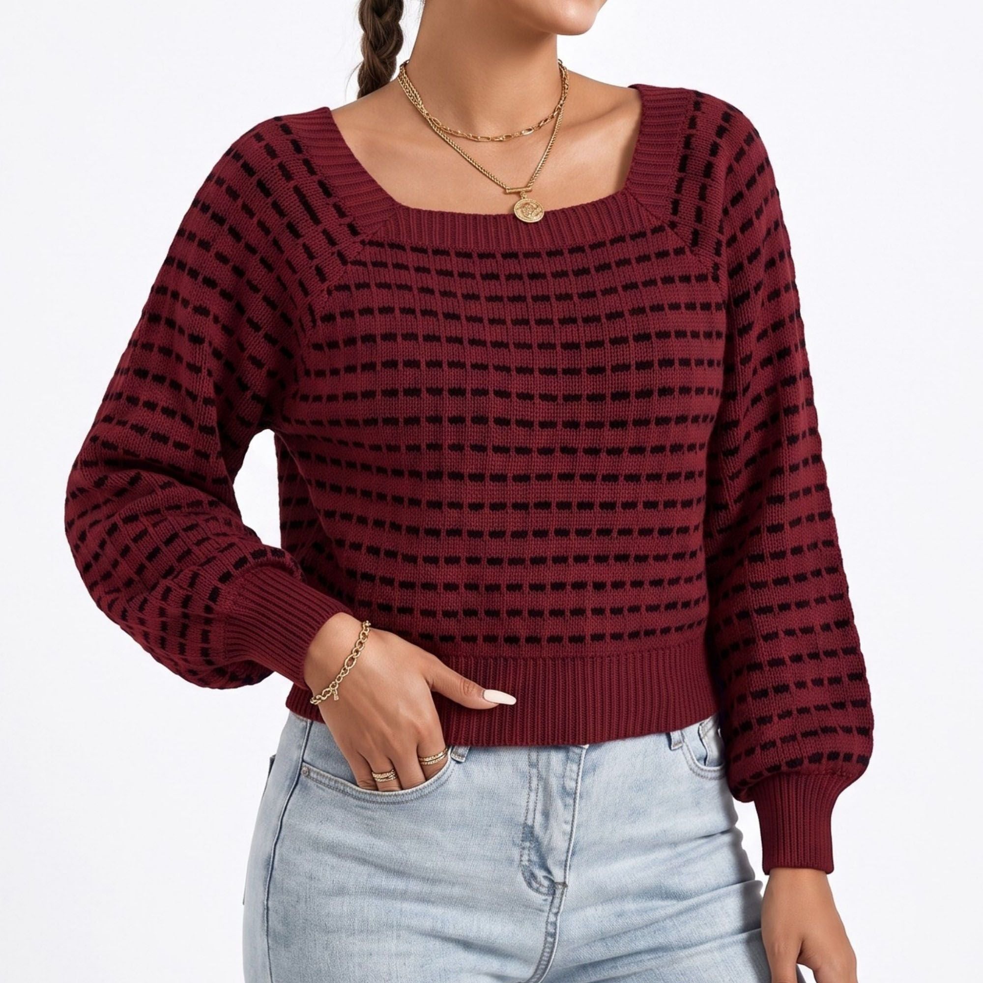 Square Neck Textured Stripe Balloon Sleeve Knit Sweater