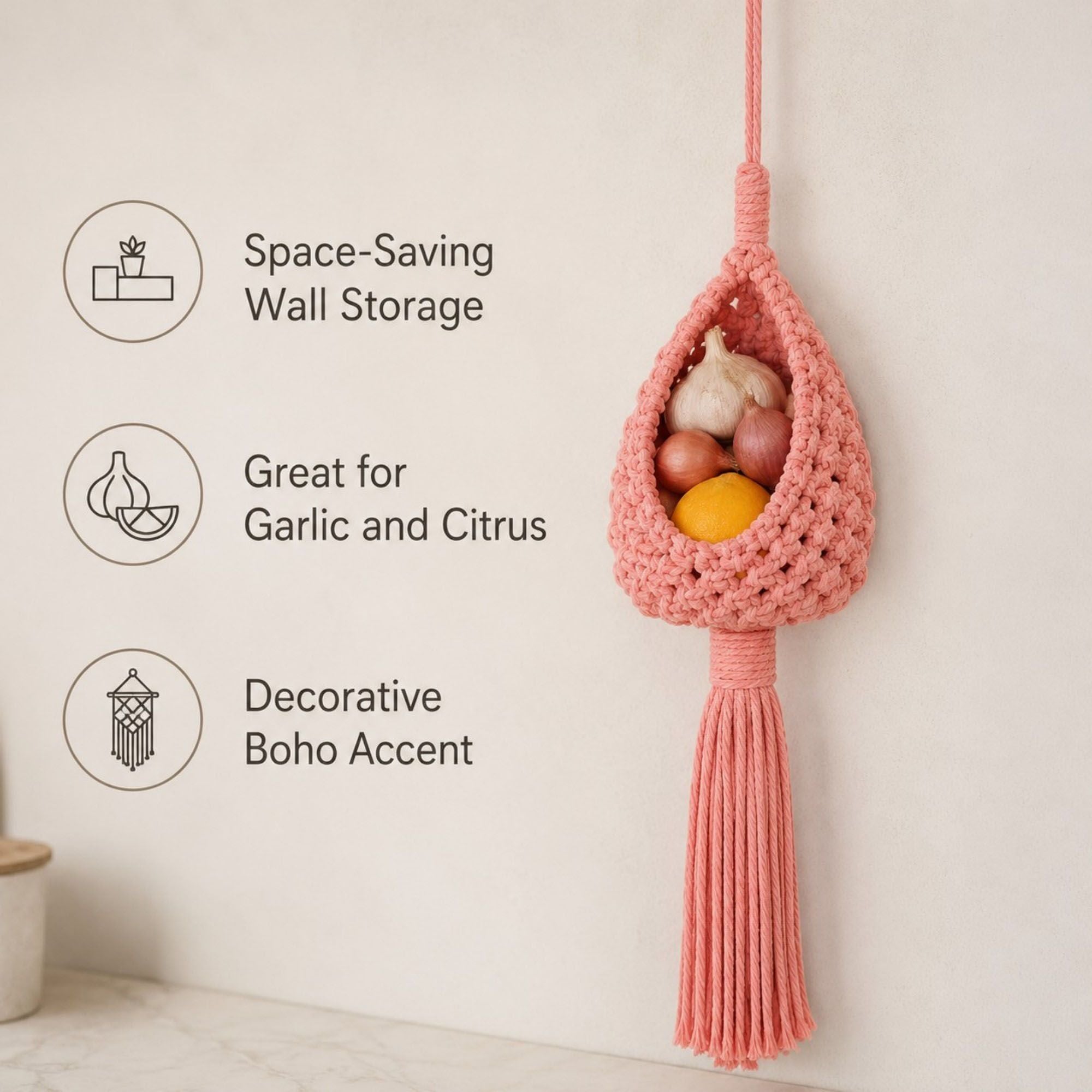Macrame Hanging Basket with Wood Ring Tassel for Plant and Home Storage