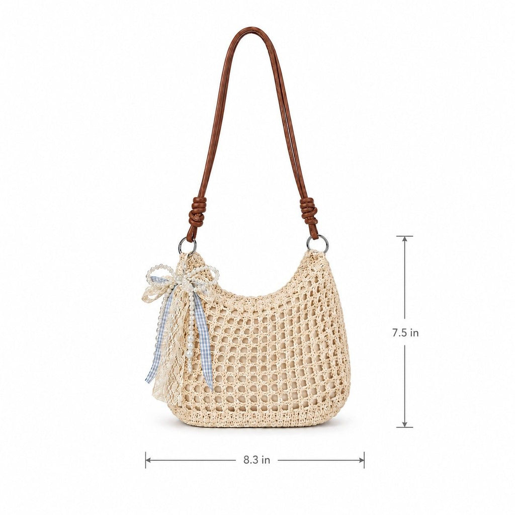 Decorative Woven Crossbody Bag with Pearl Charm, Scarf Accent and Zip Closure