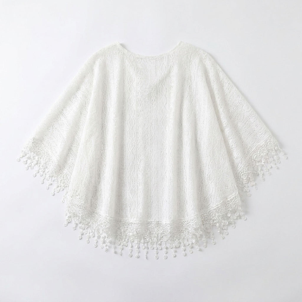 Lace Poncho Cover Up with Fringe Trim and Front Tie