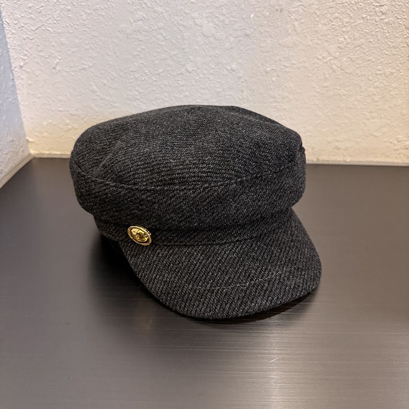 Herringbone Newsboy Cap Vintage Baker Boy Hat Adjustable Button Detail