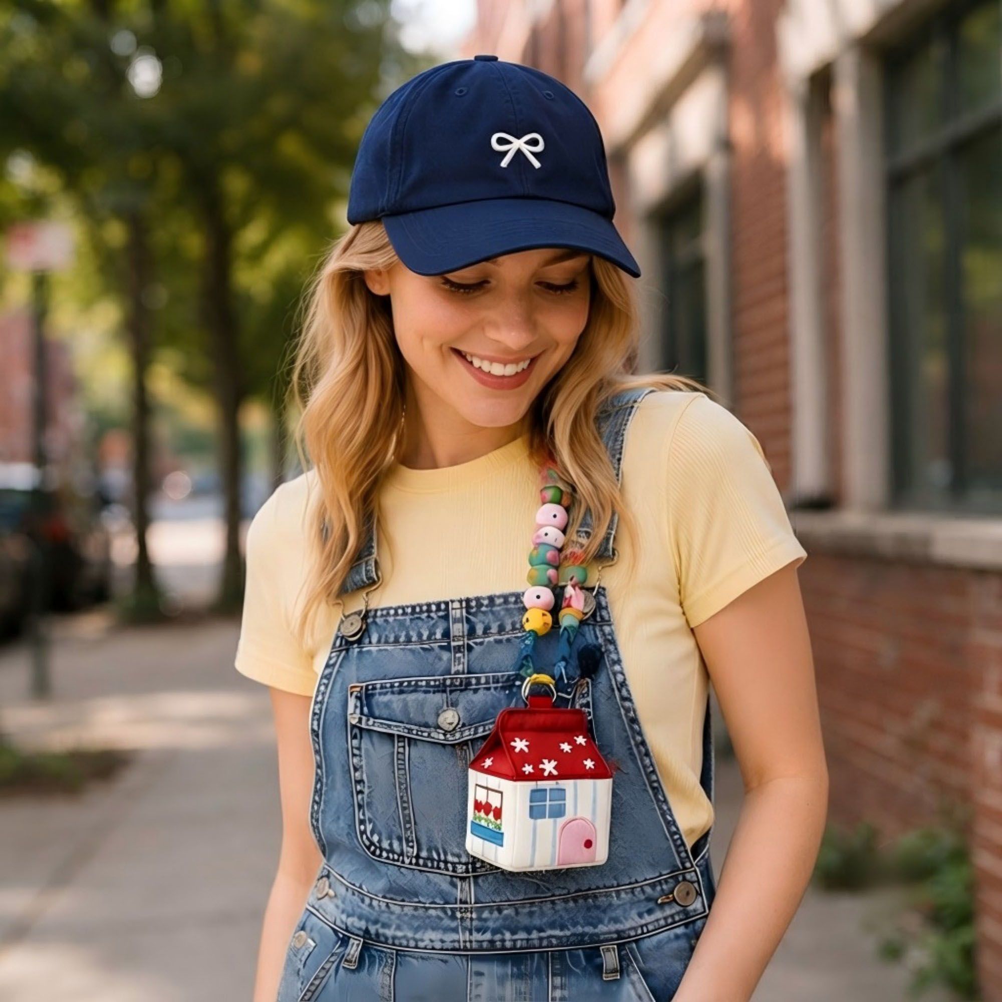 Embroidered House-Shaped Mini Pouch Keychain with Wrist Strap for Earbuds, Coins and Small Essentials