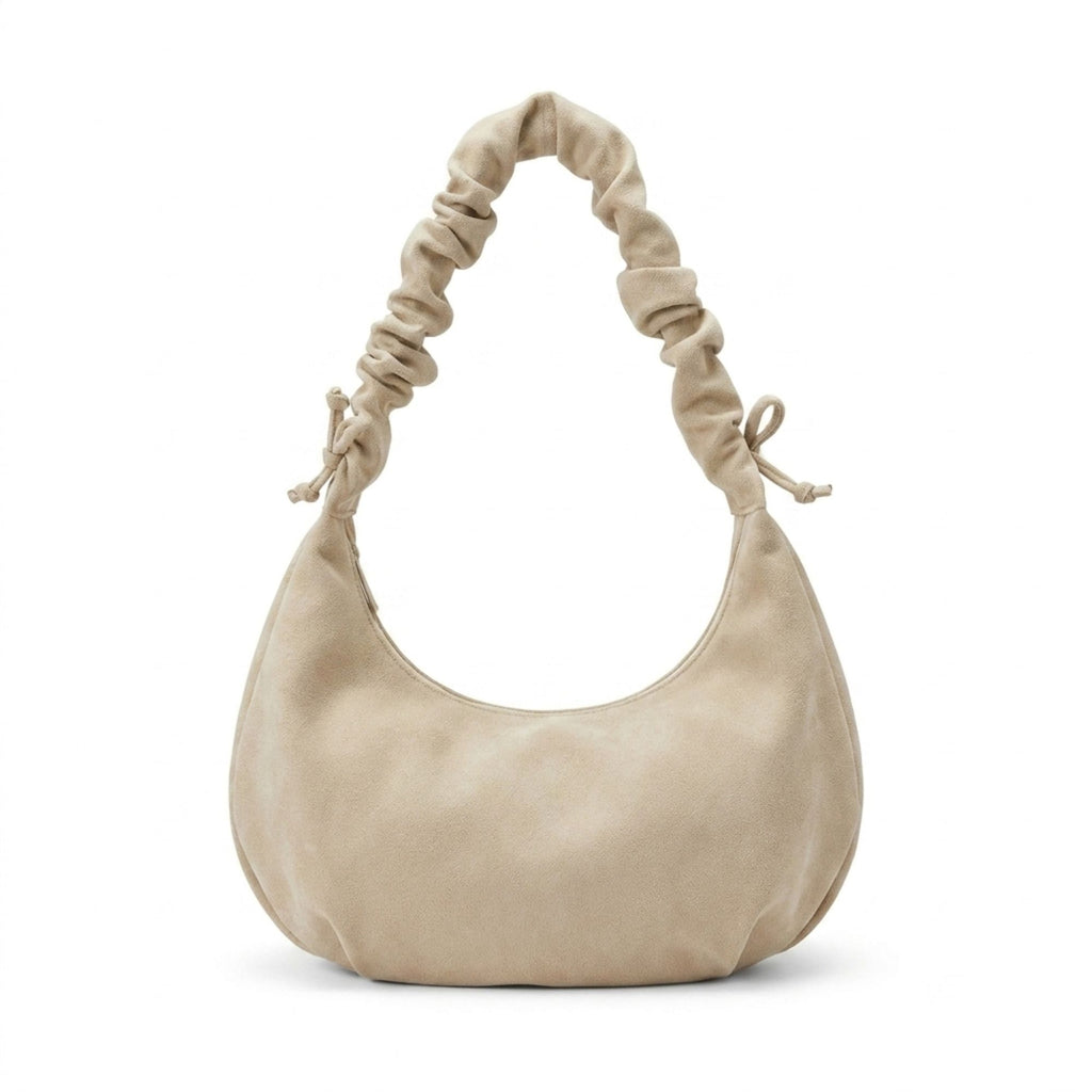 Faux Suede Hobo Shoulder Bag Ruched Strap Zipper Closure Everyday Purse
