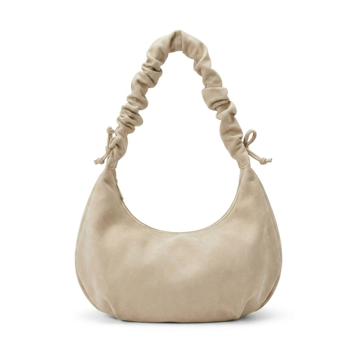 Faux Suede Hobo Shoulder Bag Ruched Strap Zipper Closure Everyday Purse