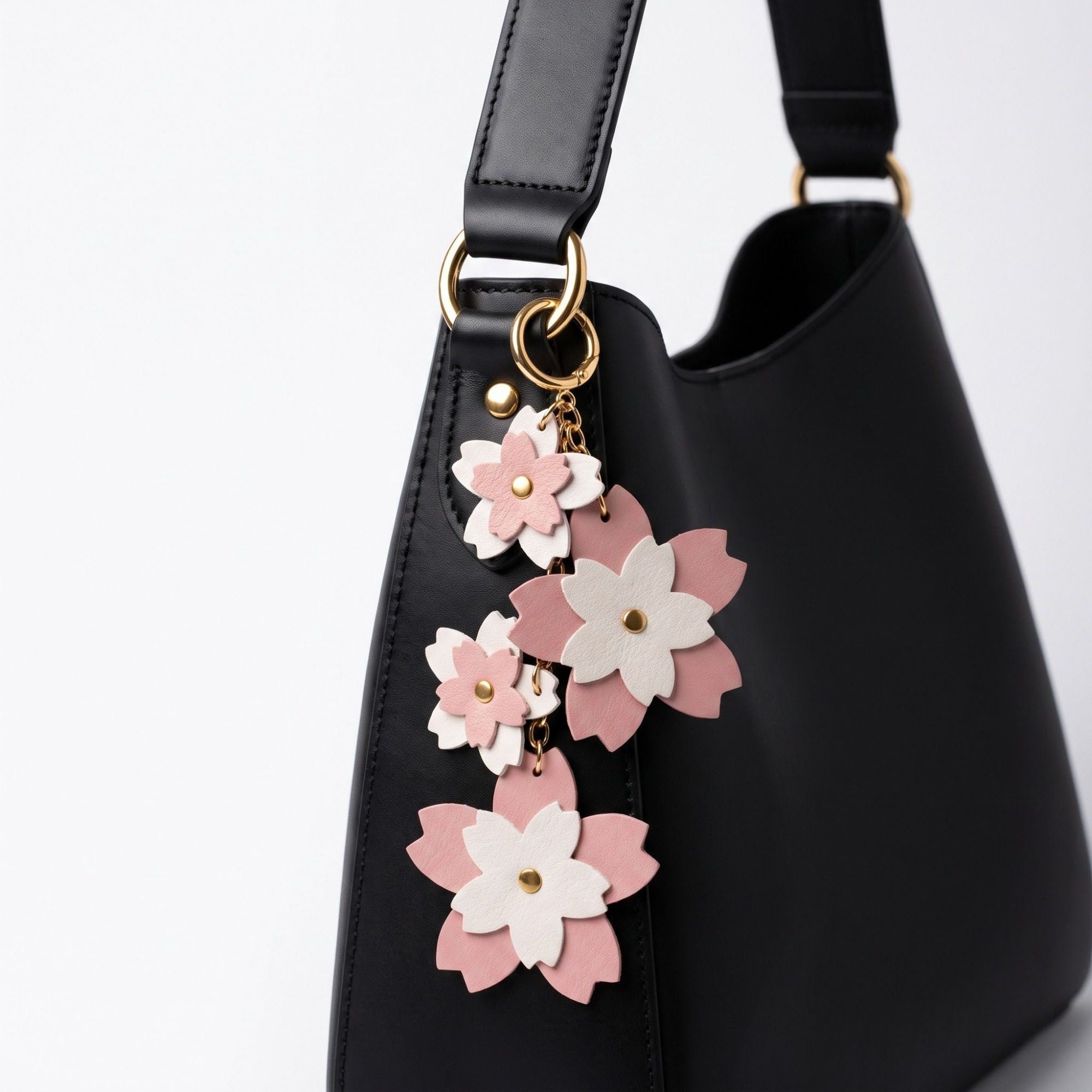 Cherry Blossom Bag Charm with Gold Tone Chain and Clip