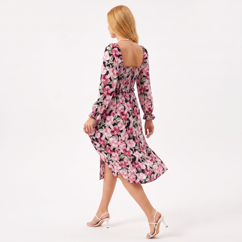 Floral Smocked Square Neck Long Sleeve Midi Dress