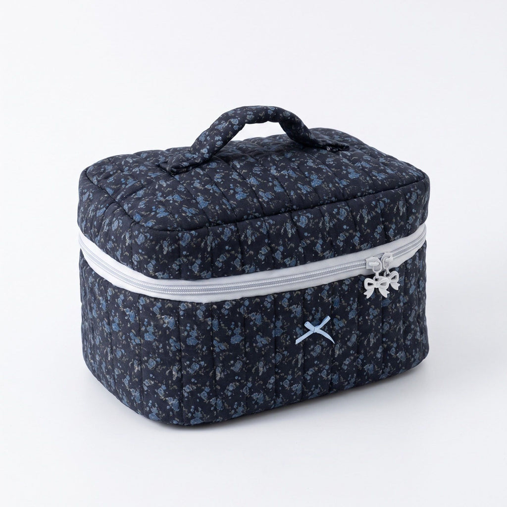 Quilted Floral Cosmetic Makeup Bag with Top Handle and Zip Closure