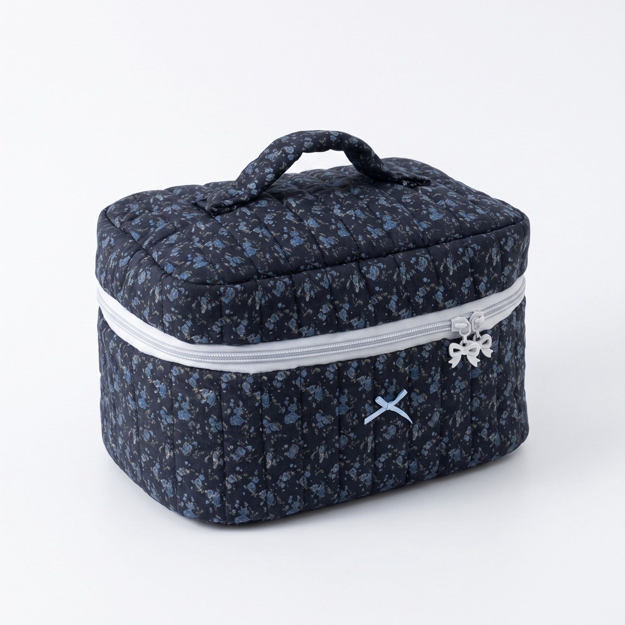 Quilted Floral Cosmetic Makeup Bag with Top Handle and Zip Closure