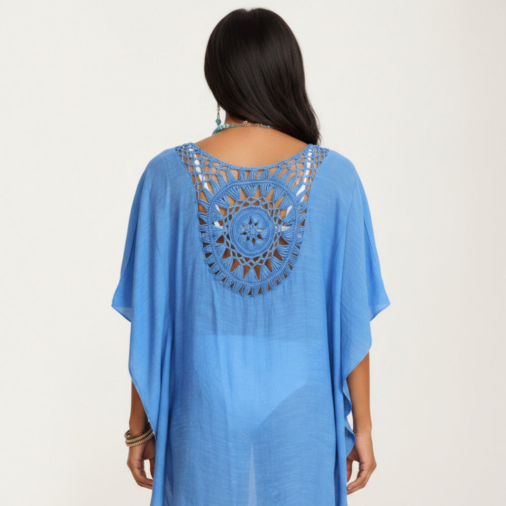 Anna-Kaci Women's Crochet Medallion Swim Cover Up Dress with Tassel Trim and Relaxed Boho Silhouette