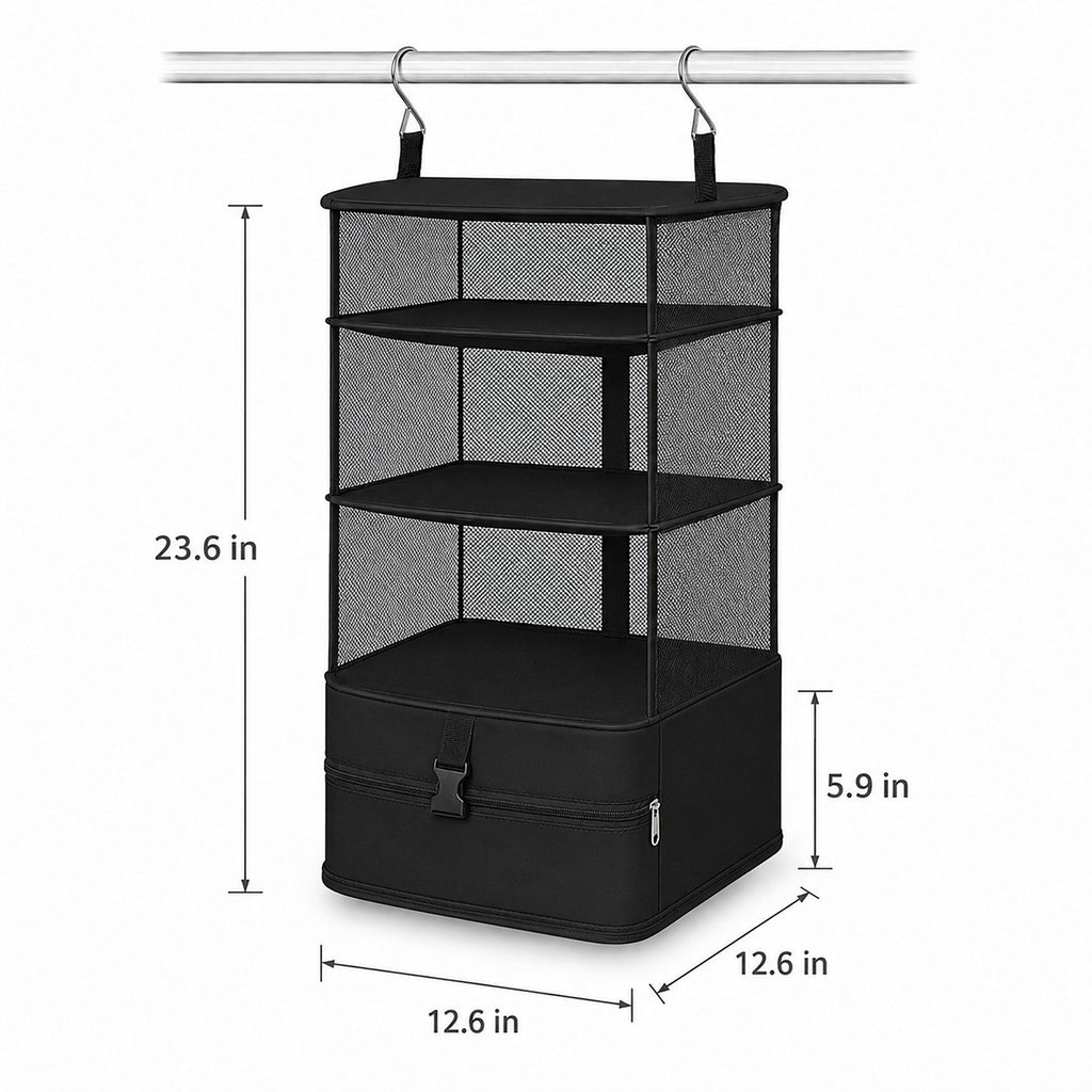 3 Shelf Hanging Closet Organizer with Zipper Storage Compartment and Hooks