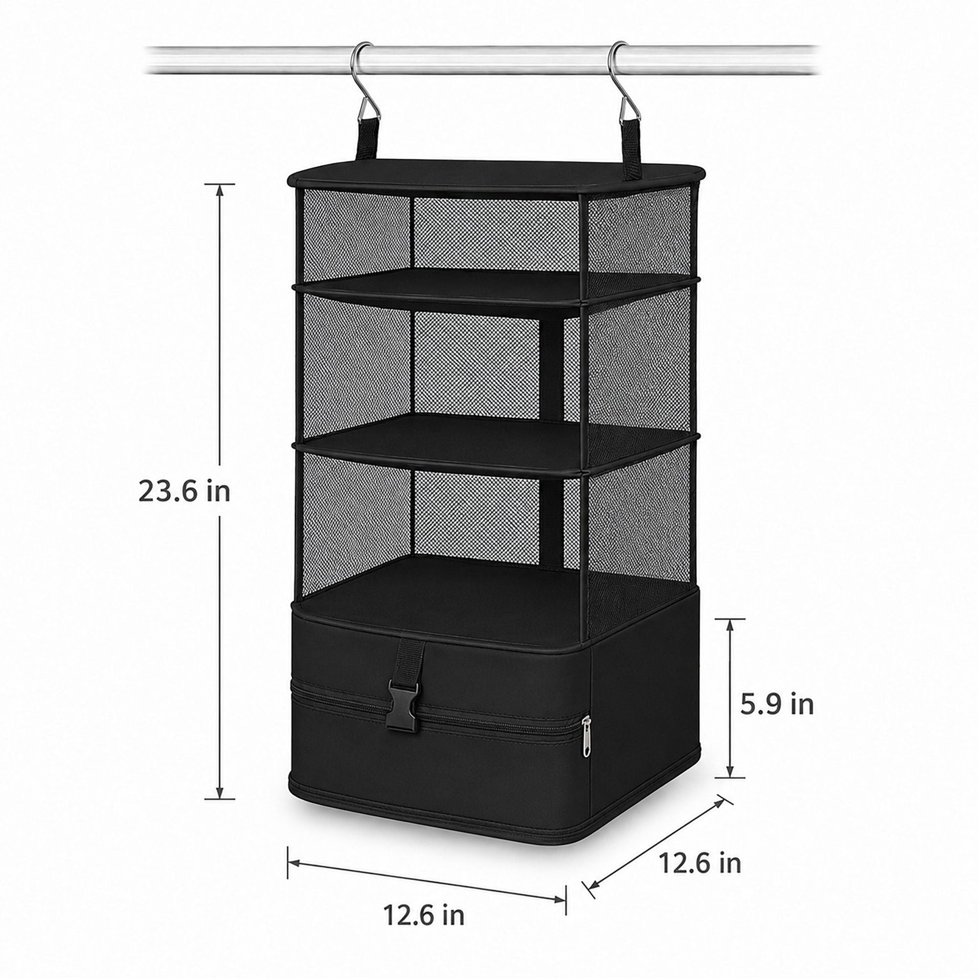 3 Shelf Hanging Closet Organizer with Zipper Storage Compartment and Hooks