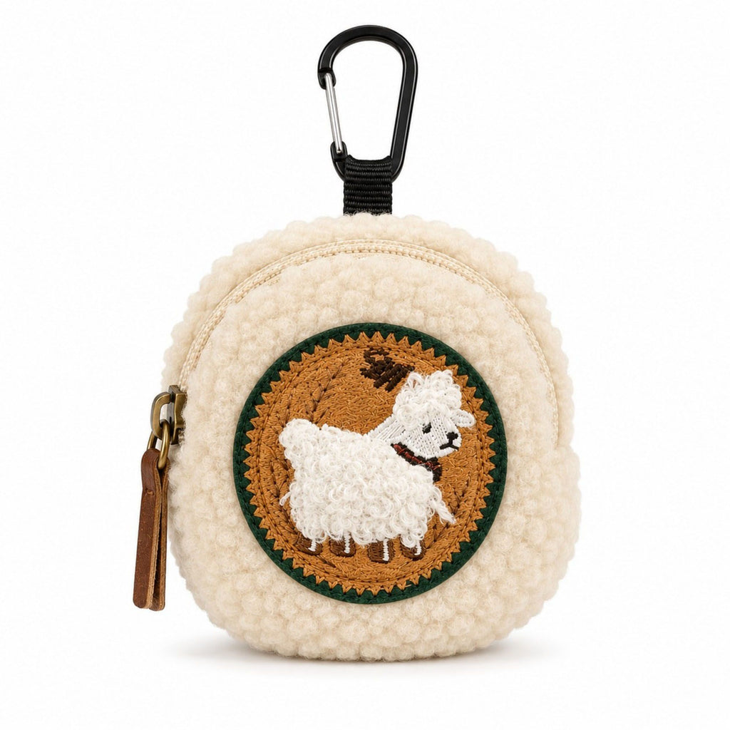 Plush Lamb Mini Coin Purse Keychain with Zipper Closure, Embroidered Patch and Clip-On Earbud Storage Pouch