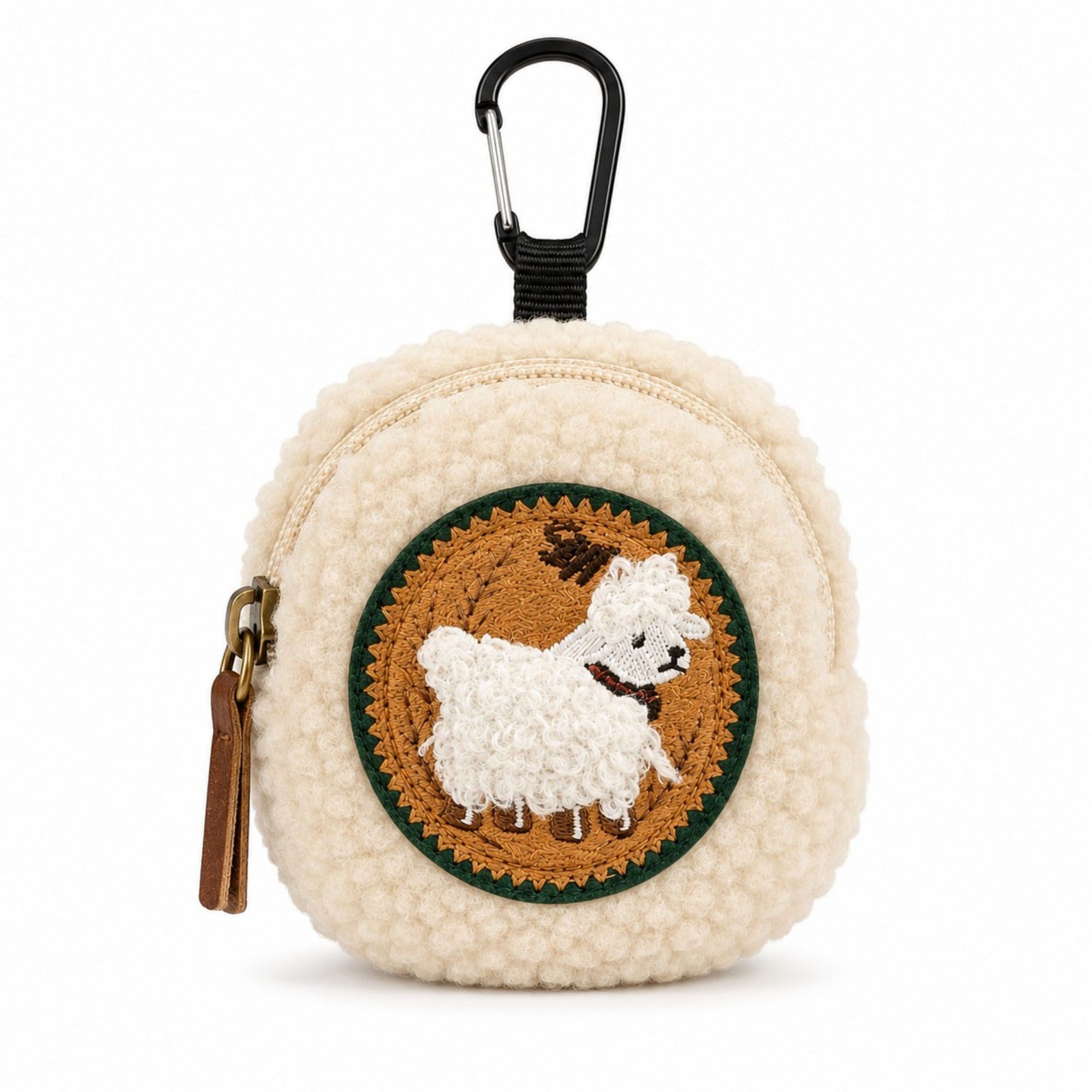 Plush Lamb Mini Coin Purse Keychain with Zipper Closure, Embroidered Patch and Clip-On Earbud Storage Pouch