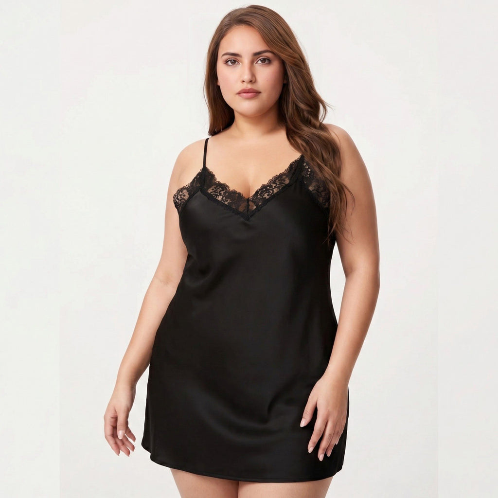 Anna-Kaci Lounge Women's Plus Size Satin Chemise Lace Trim V Neck Sleep Dress Adjustable Strap Slip Nightgown