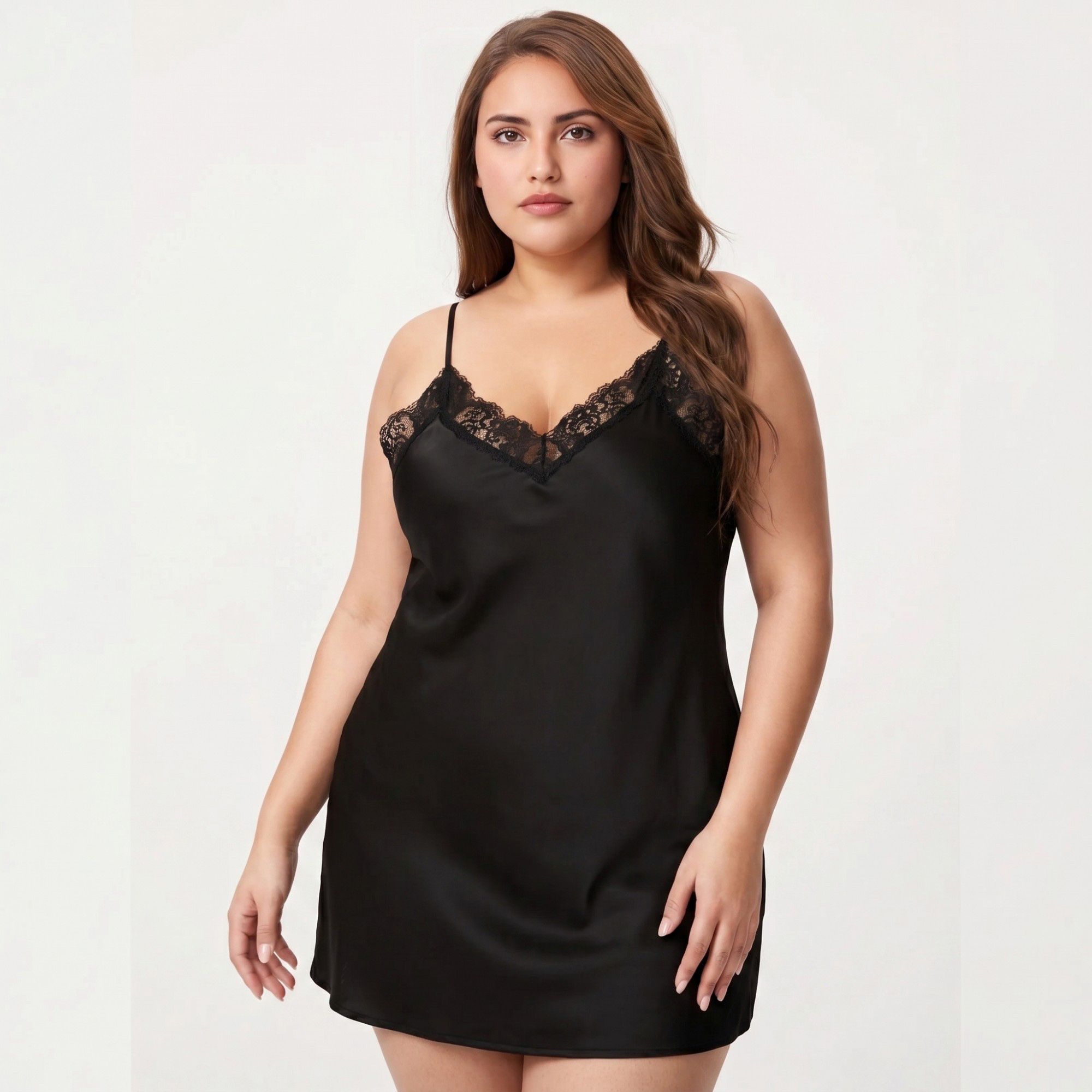 Anna-Kaci Lounge Women's Plus Size Satin Chemise Lace Trim V Neck Sleep Dress Adjustable Strap Slip Nightgown