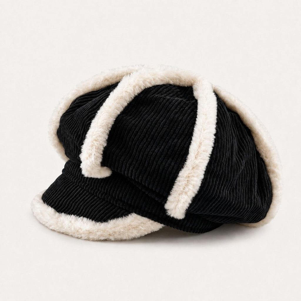 Corduroy Newsboy Cap Faux Fur Trim Baker Boy Hat Warm Casual Style