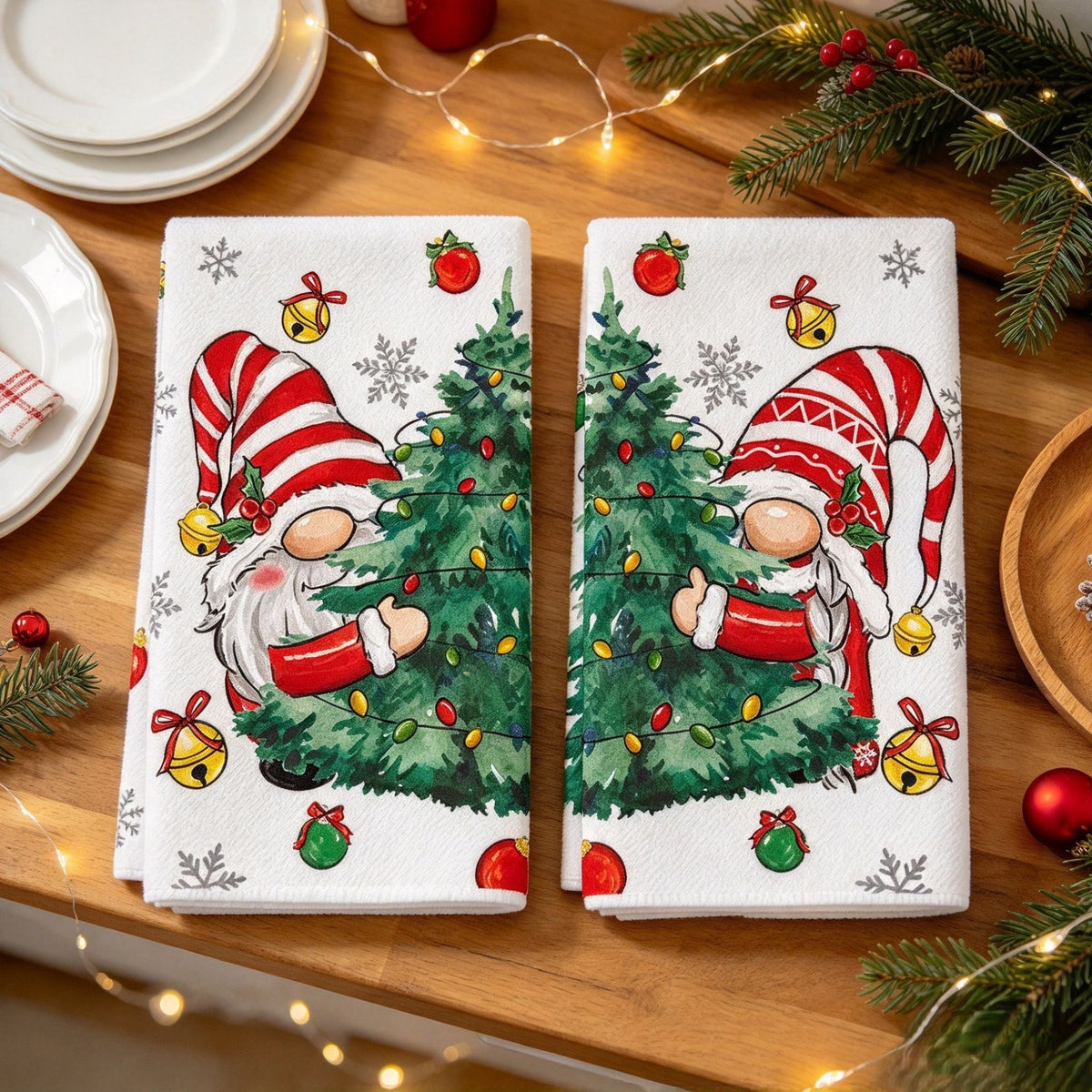 2-Pack Christmas Kitchen Towels 15.7x23.6in, Gnome & Tree Microfiber Hand Towels