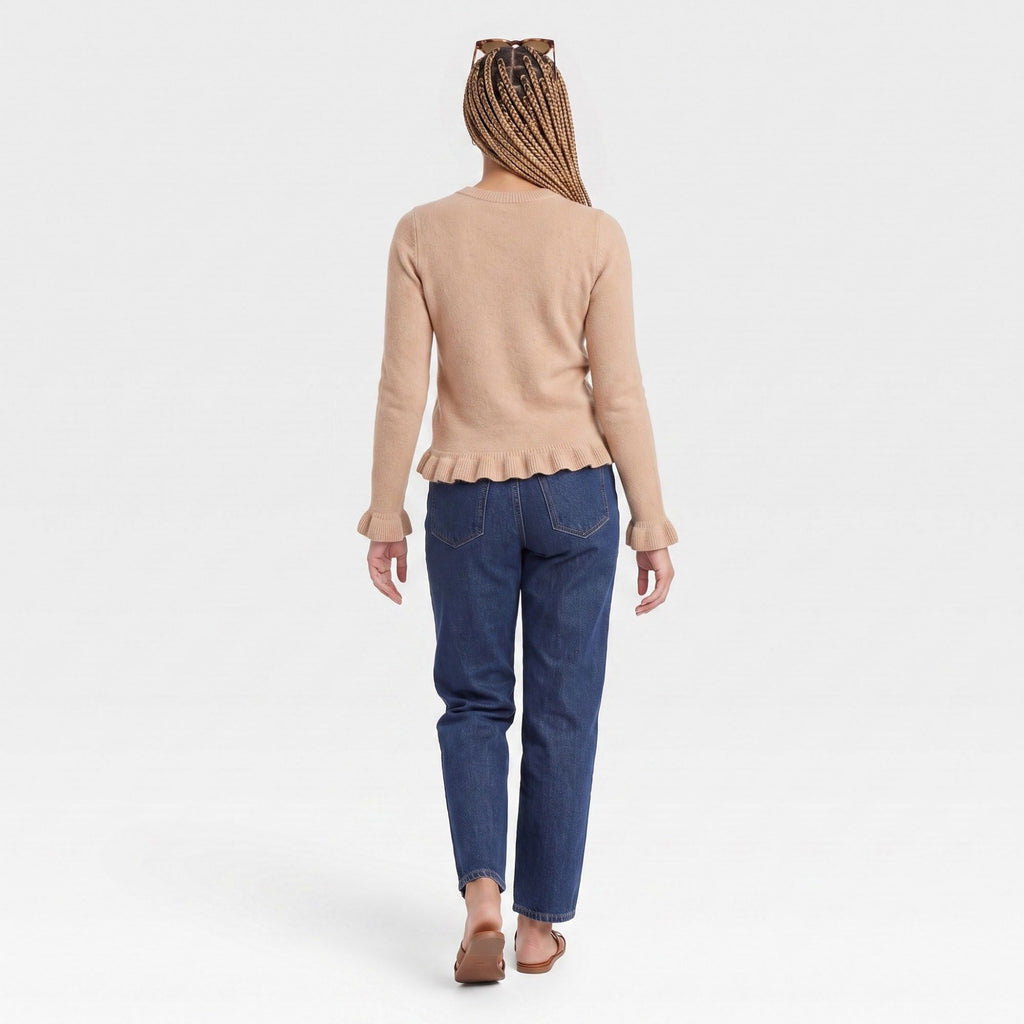 Ruffle Hem Crew Neck Long Sleeve Knit Sweater