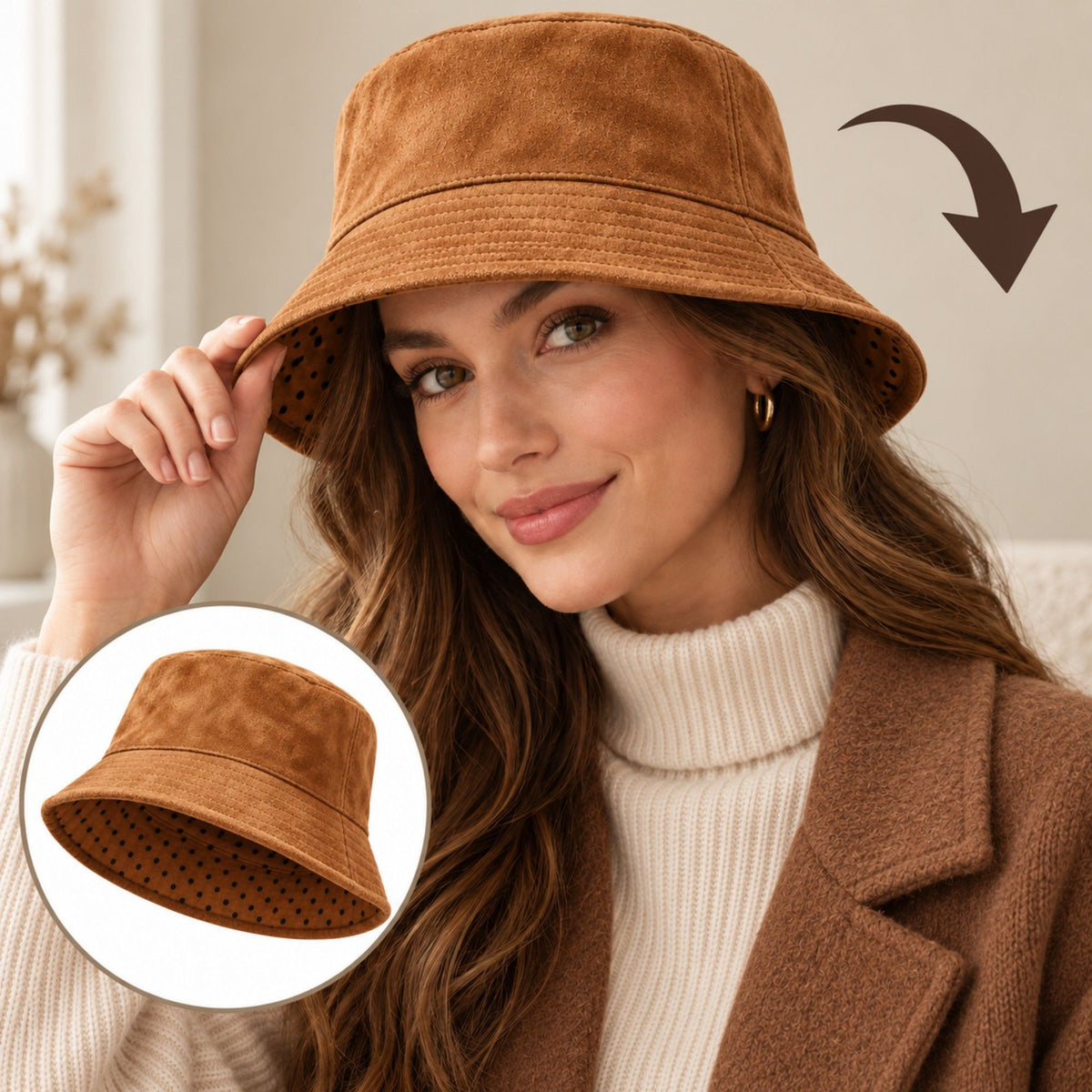 Faux Suede Bucket Hat with Polka Dot Lining