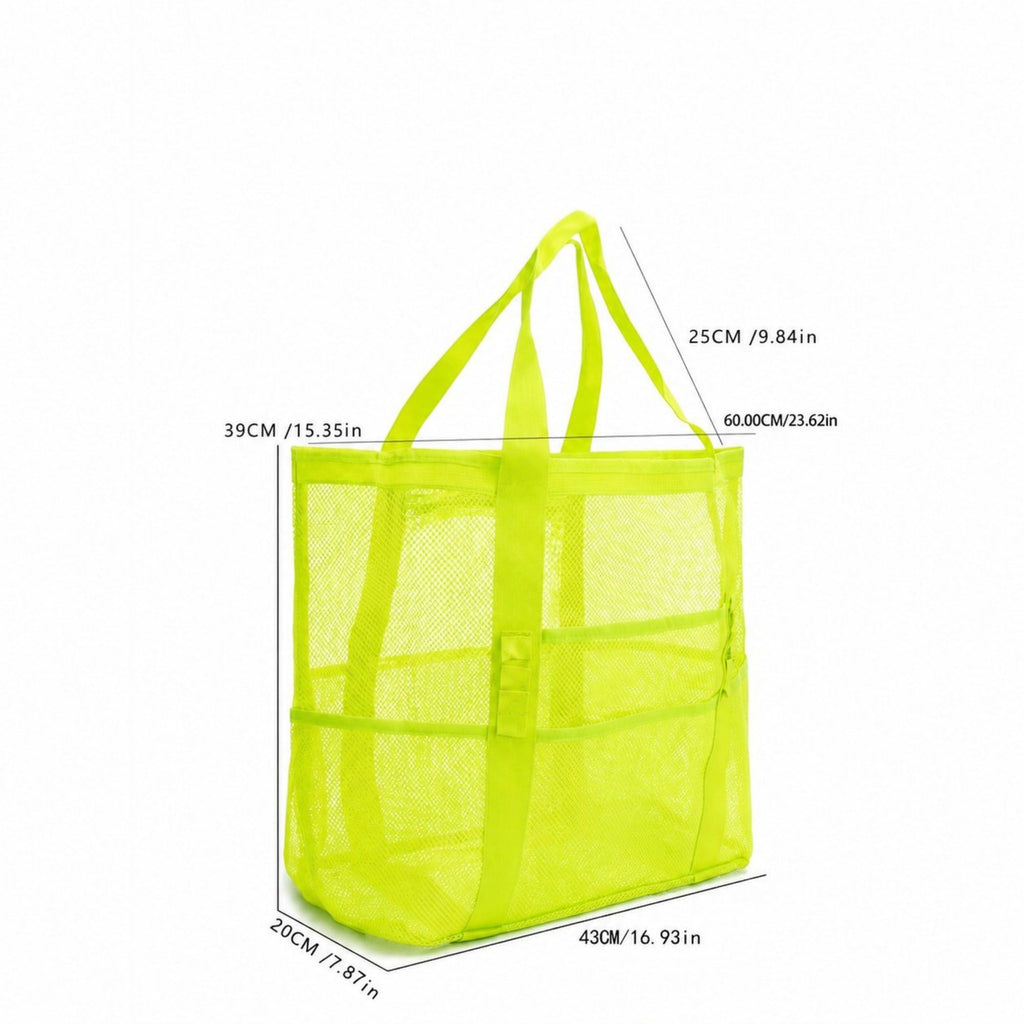 Mesh Beach Tote Bag Large Capacity Travel Shoulder Bag with Exterior Pockets Zipper Top Organizer
