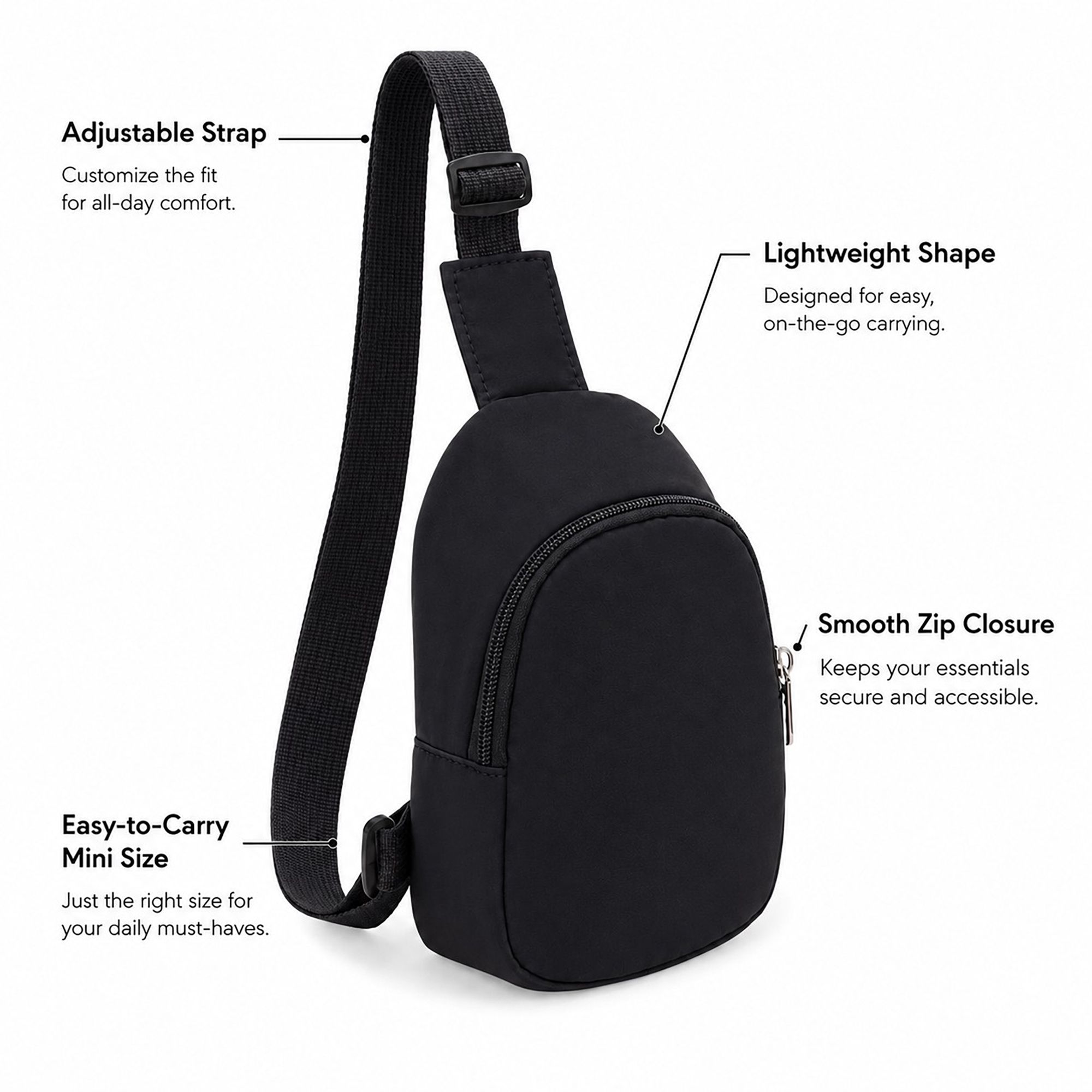 Adjustable Sling Bag with Front Zip Pocket for Travel