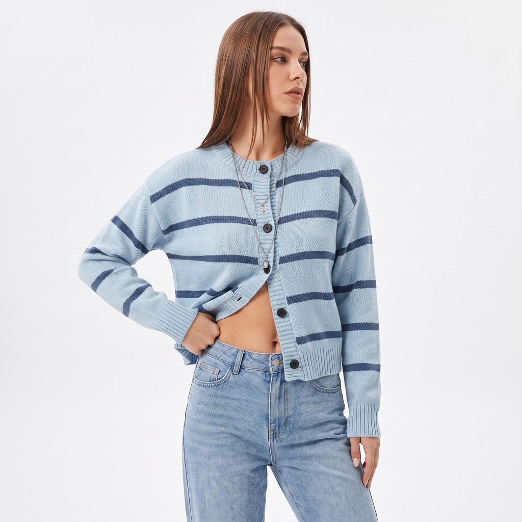 Striped Crewneck Button Front Knit Cardigan Sweater