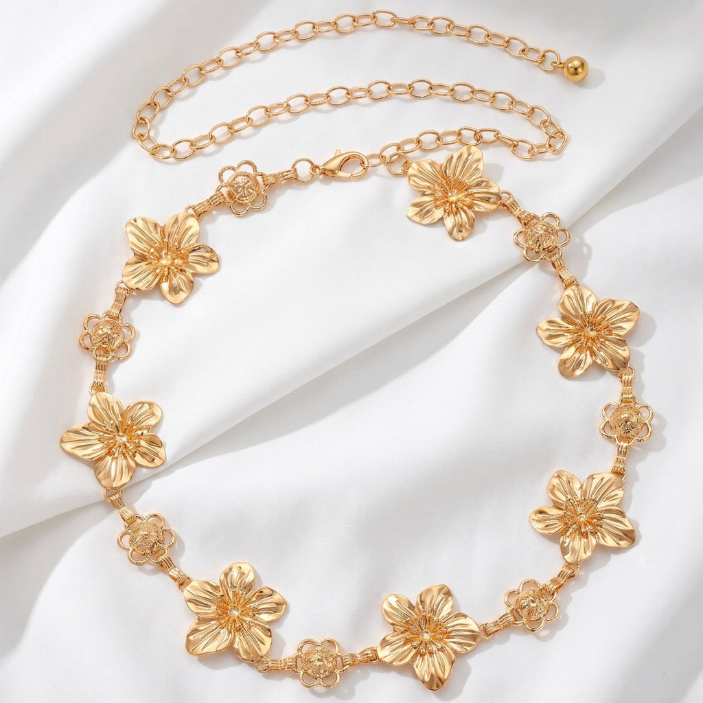 Multi Floral Metal Waist Chain Adjustable Botanical Statement Waist Jewelry 43.3in