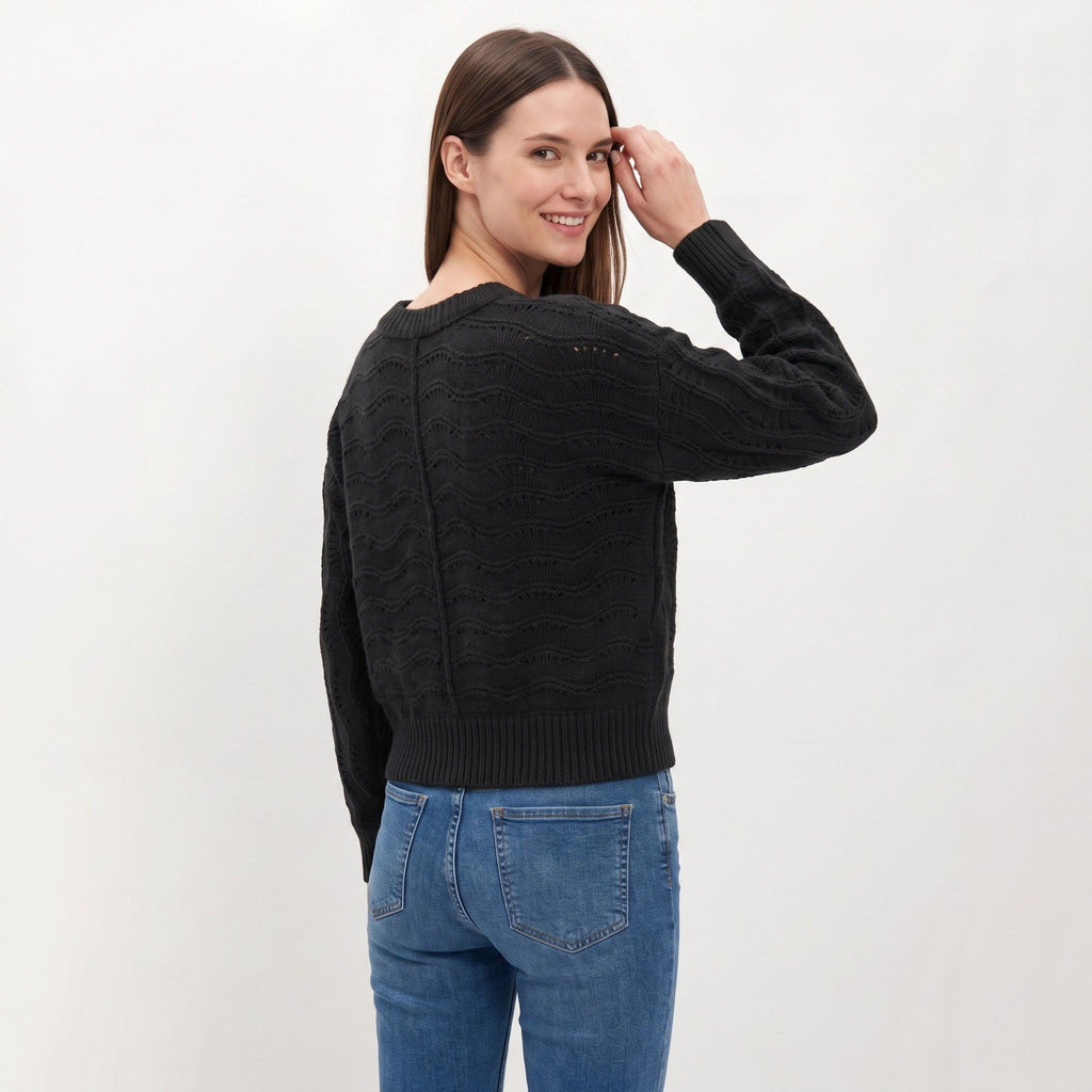 Wavy Pointelle Button-Front Long Sleeve Knit Cardigan