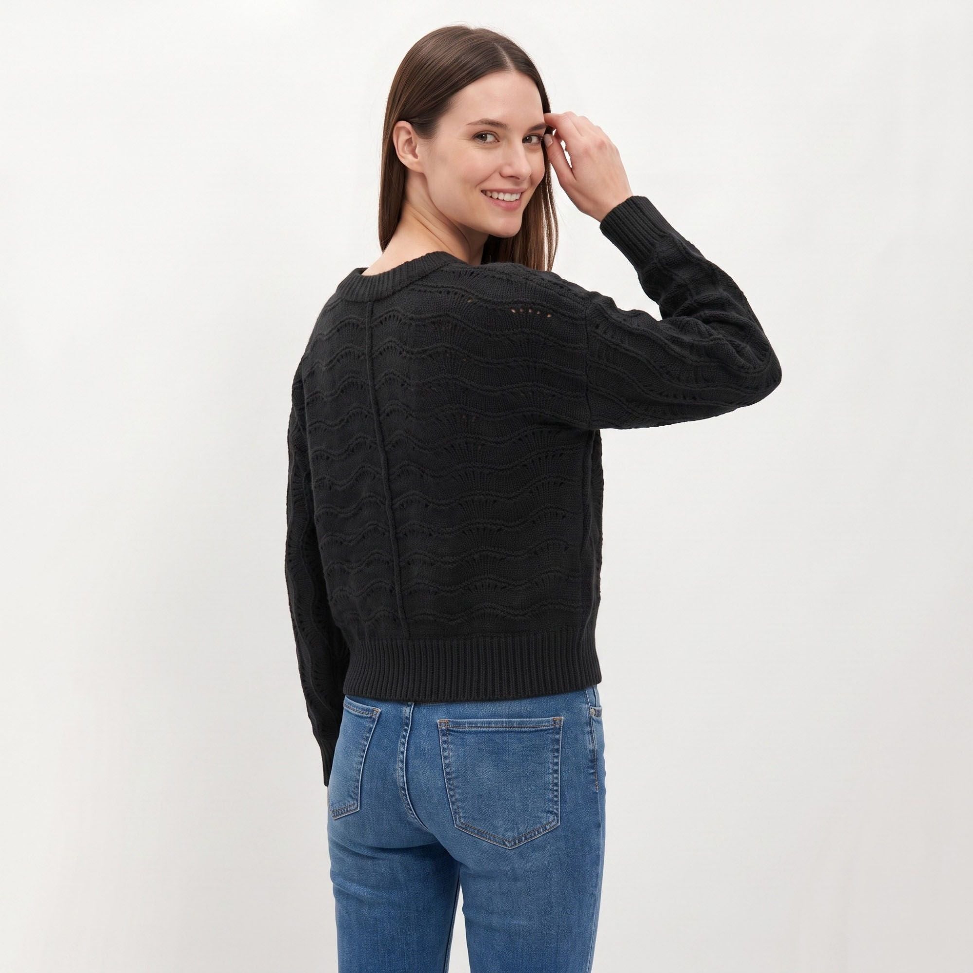 Wavy Pointelle Button-Front Long Sleeve Knit Cardigan
