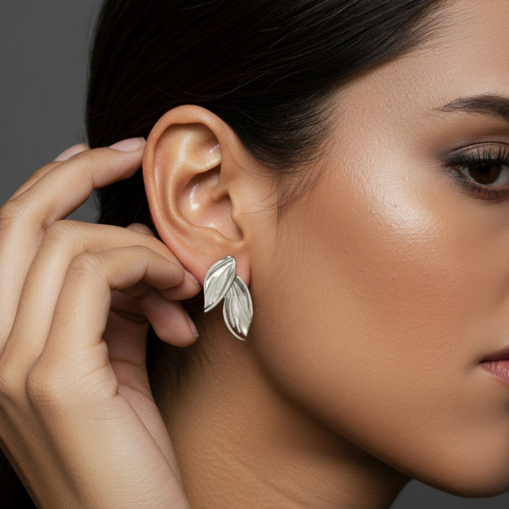 Women's Leaf Shape Stud Earrings with Textured Metal Detail and Minimalist Botanical Inspired Design