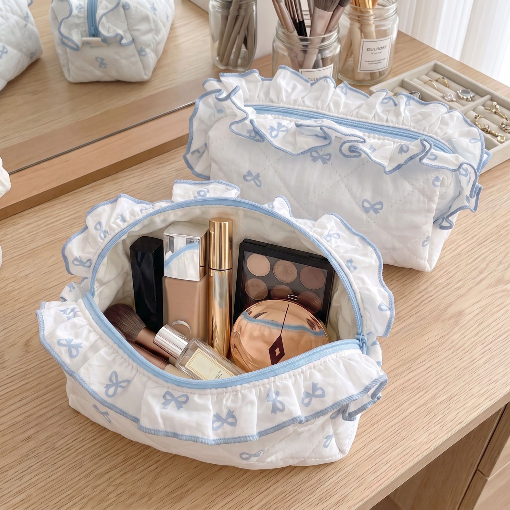 Womens Quilted Bow Print Cosmetic Bag with Ruffle Trim