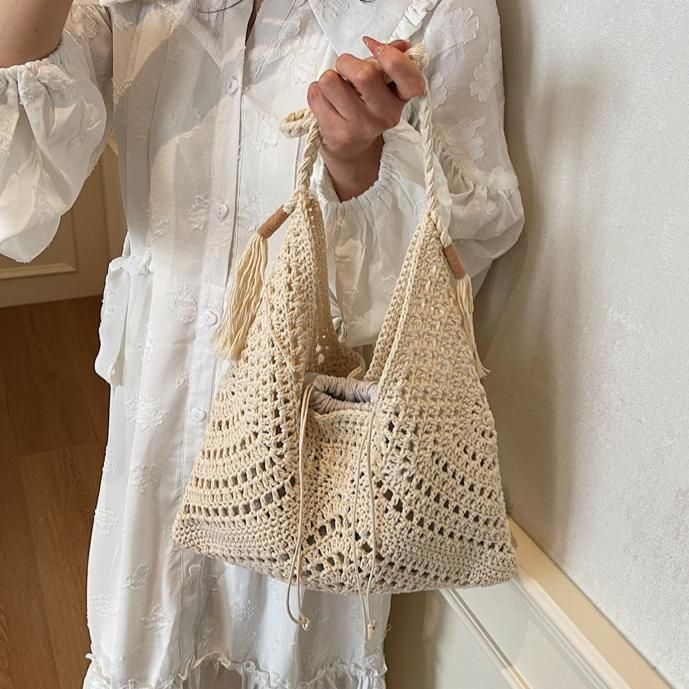 Woven Crochet Hobo Shoulder Bag with Tassel Detail Soft Knit Slouchy Tote Drawstring Style