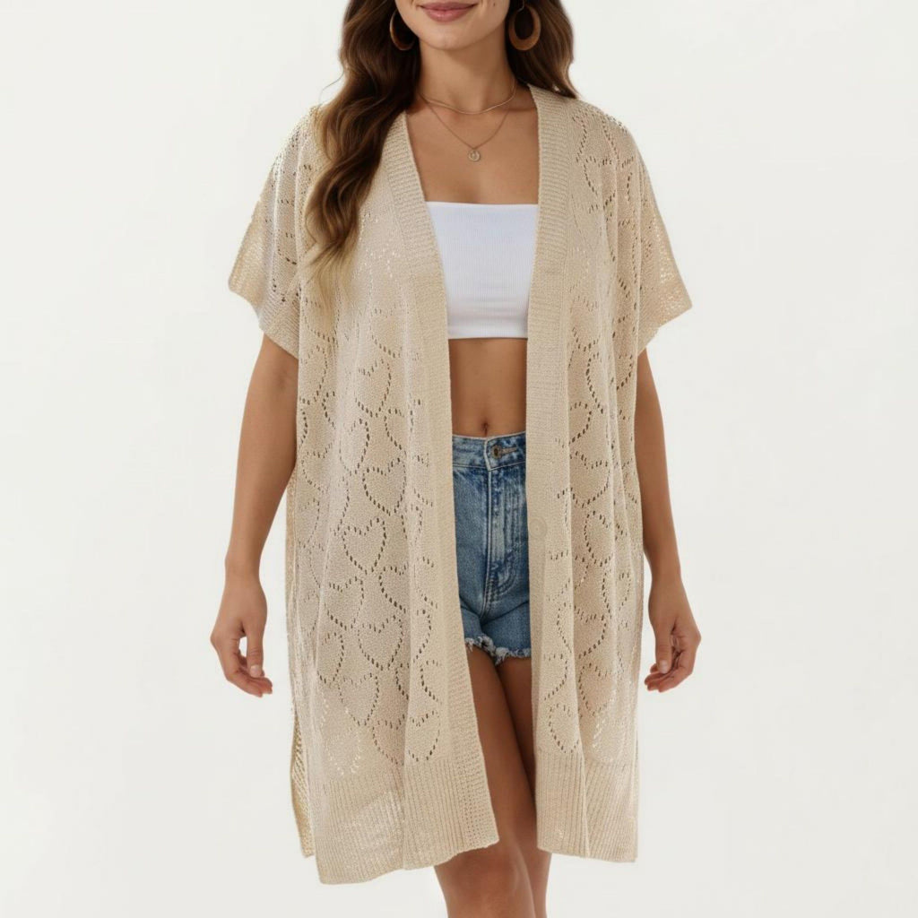 Anna-Kaci Women's Open Front Knit Cardigan with Heart Pointelle Pattern Short Sleeves Relaxed Mid Length Fit